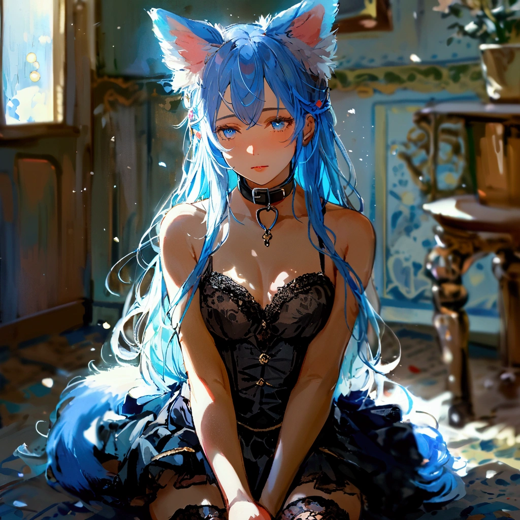 a sexy female with long blue hair, has floppy puppy ears, has a puppy tail, wearing a black corset, wearing a black mini skirt, has a dark blue dog collar on, wearing cute thigh high socks, relaxing on knees, solo, alone, (SOLO)ALONE), no dogs, single girl, on knees