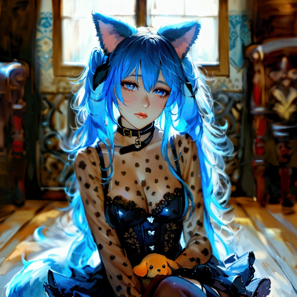 a sexy female with long blue hair, has floppy puppy ears, has a puppy tail, wearing a black corset, wearing a black mini skirt, has a dark blue dog collar on, wearing cute thigh high socks, relaxing on knees, solo, alone, (SOLO)ALONE), no dogs, single girl, on knees