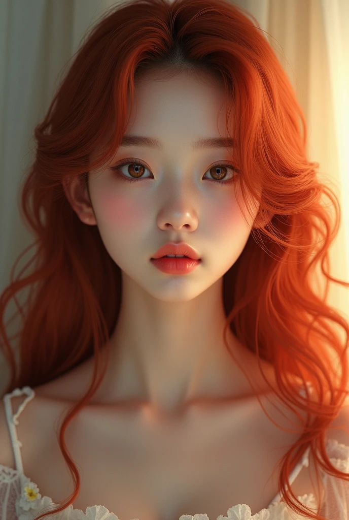 create a korean ulzzang with long red hair, big round brown eyes, fair skin and rosy cheeks