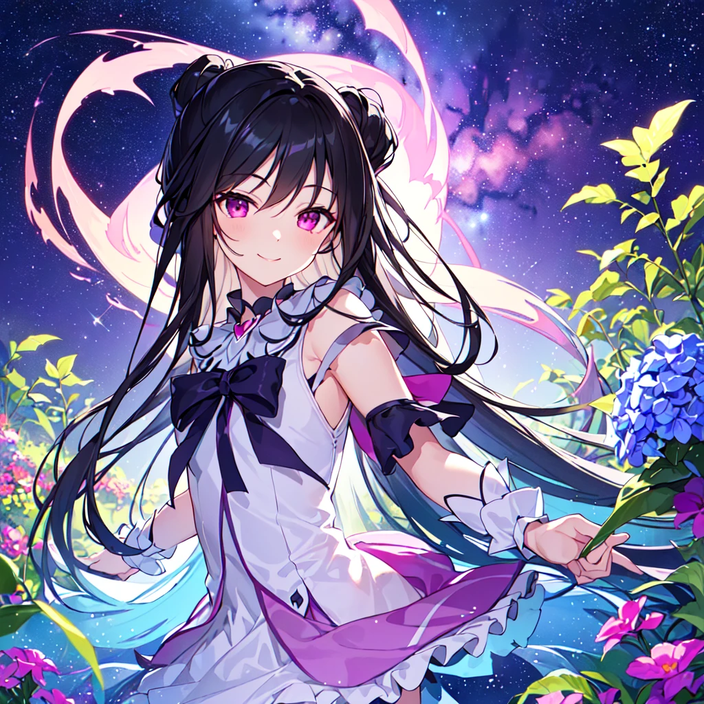 masterpiece, best quality, high quality, extremely detailed, very delicate and beautiful, (1female 1 adult solo:1.5), (long black hair up two sides:1.5), bangs to eyebrows, eyes sharp and bright (eye color: magenta:1.3), 6.5 head height, (Lace Frill Magical Girl Fashion with Starry Sky Print:1.3), (knee socks), (standing), (dynamic pose), (smiling), (Summer Garden:1.3), (Milky Way Night Sky:1.3), (upper body:1.3)