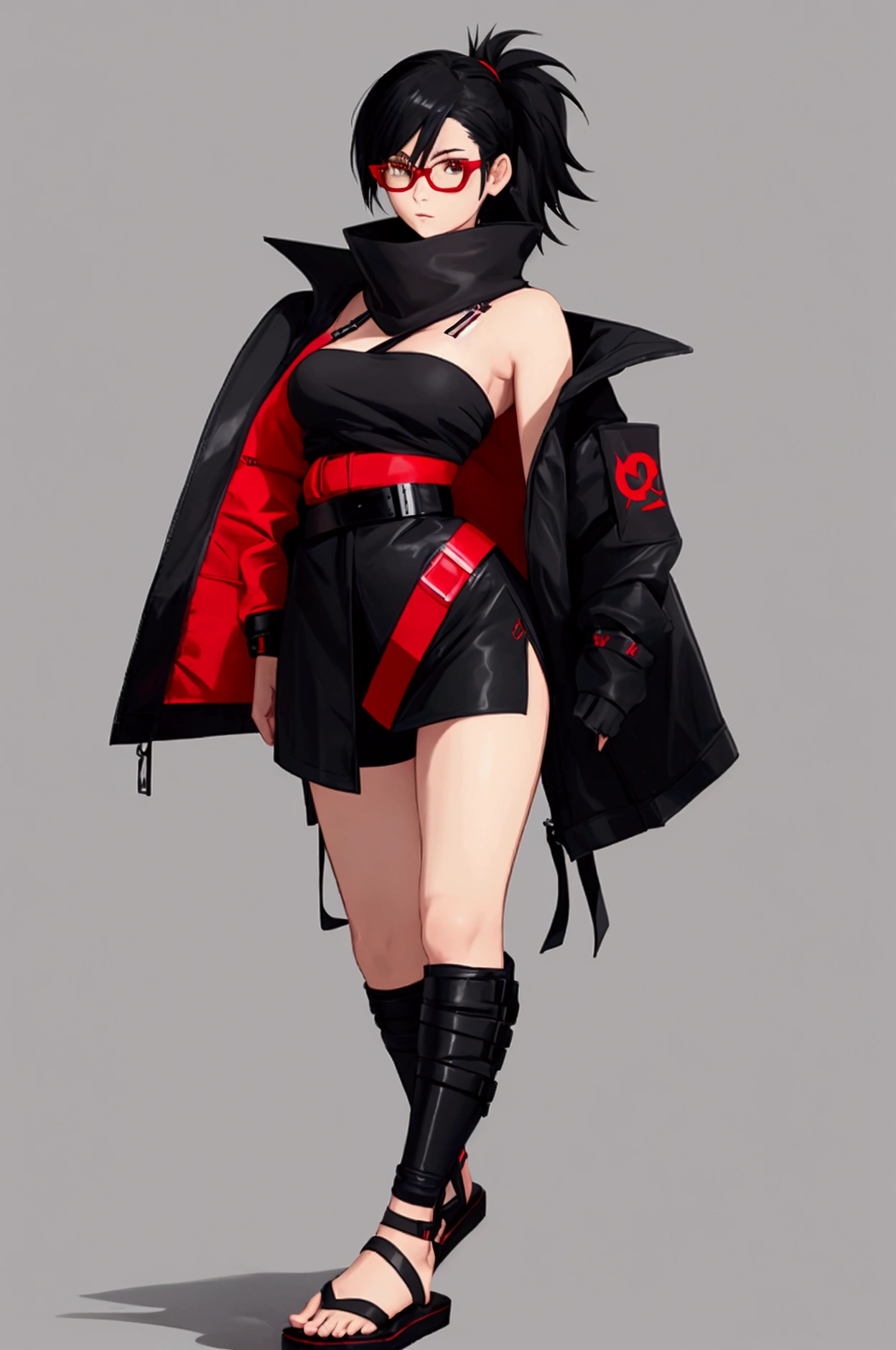 
"A full-body character design of a young female ninja wearing a modernized, stylish outfit. She has short black hair styled asymmetrically, and wears rectangular glasses. Her outfit consists of a black strapless top with a red belt, and an oversized black jacket with red lining and a gray ninja symbol patch on the left arm. She also wears black shinobi sandals with tall leg warmers 