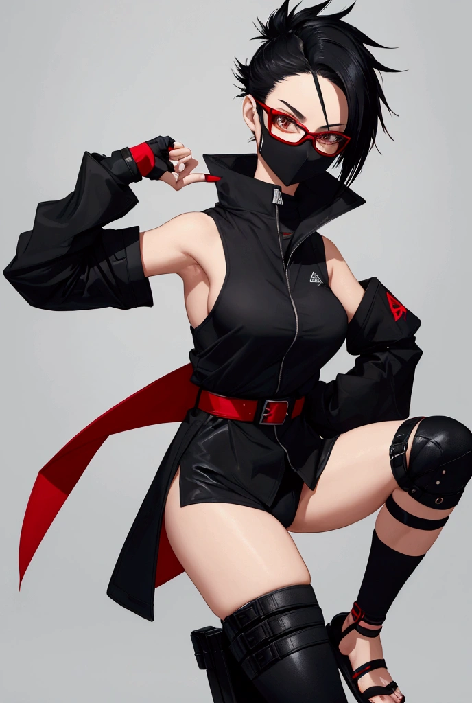 
"A full-body character design of a young female ninja wearing a modernized, stylish outfit. She has short black hair styled asymmetrically, and wears rectangular glasses. Her outfit consists of a black strapless top with a red belt, and an oversized black jacket with red lining and a gray ninja symbol patch on the left arm. She also wears black shinobi sandals with tall leg warmers 