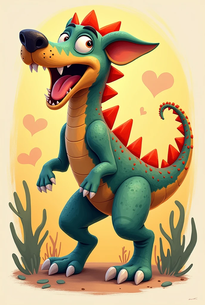 Drawing of a dog dressed as a dinosaur animated asthetic style