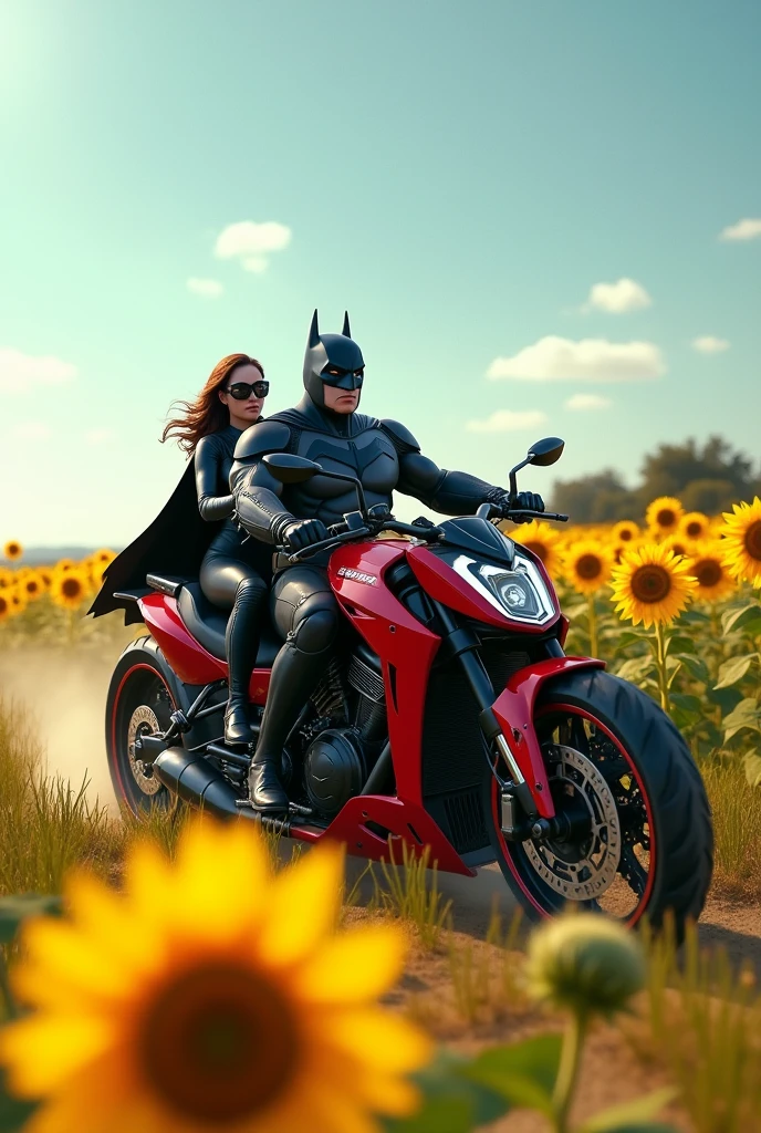 gt territorial red and white bike, in a sunflower field with batman and Catwoman

