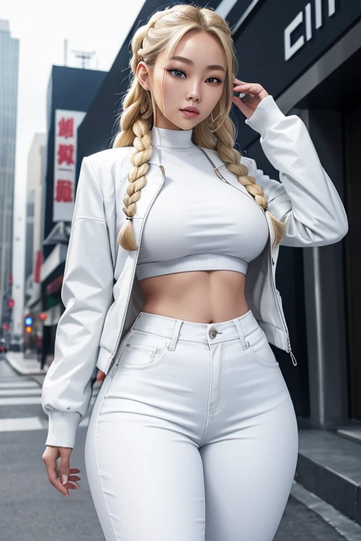 Asian woman with blonde braids and blue eyes. She has a slim, thick, curvy, hour glass body frame with double D's. She has a slim waist. She wears a white jacket, white crop top double D, and white jeans. Shibyya city background.