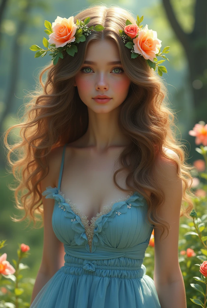 (Photorealism:1.2), beautiful girl,Full Body Focus , She has long, shiny, shoulder-length curls and a flower crown.. Both cheeks are covered with hair. She is wearing a super detailed, beautiful blue, fluffy, soft, flared dress.,Background is flowers and trees in the forest々It is very clear and beautiful,The hair looks so pretty in the light,