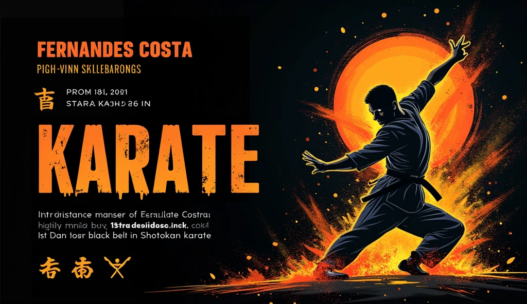 Title: Karate Classes para Crianças, Youth and AdultsDescription: With Prof.. Fernandes Costa, Black Belt 1st Dan in Shotokan KarateCores: blackw, Yellow and Orange Design Instructions:Background: Use a predominant black color, transmitting strength and discipline.Title "Karate Classes": Highlight the title in vibrant yellow, which symbolizes energy and vitality.Teacher Information: Position the text "Prof. Fernandes Costa, Black Belt 1st Dan in Shotokan Karate" just below the title, using the color orange to create visual balance.Graphic elements: Use símbolos abstratos relacionados ao Karate, like kanji "Karate" or simple icons of belts and katanas, in black and orange colors.Layout: Keep a clean and organized layout, with a clear hierarchy of information, ensuring the card is easy to read and attractive.