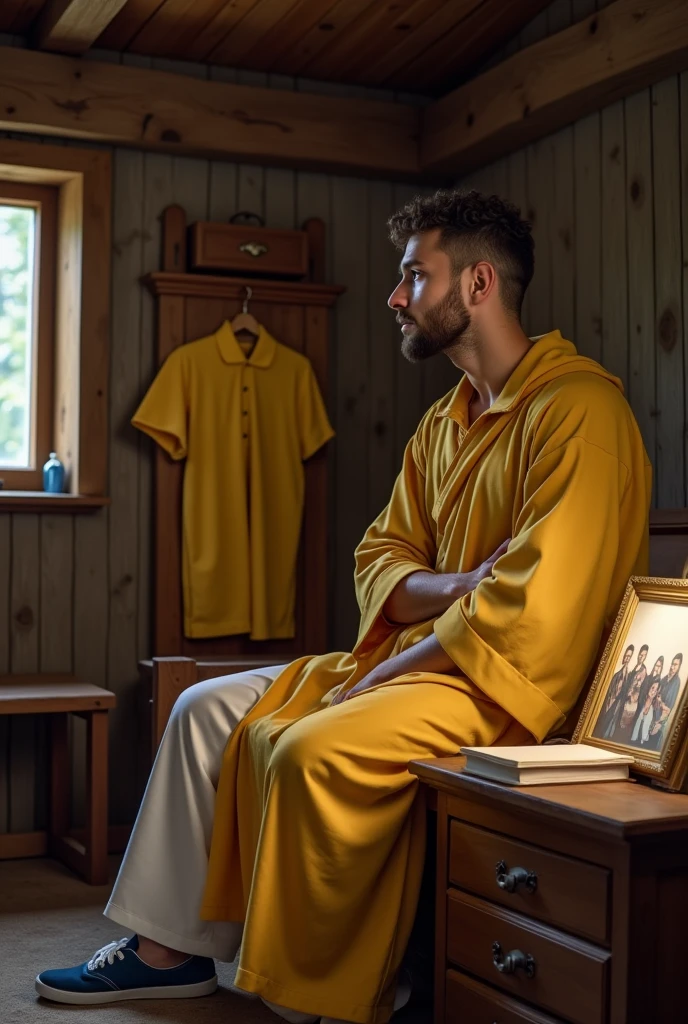 In a rustic monastic room, Professor Petterson, dressed in his monastic attire, is reflecting on a photo of his students displayed on the nightstand. 

**Description of Professor Petterson:**
- **Attire:** He is wearing his traditional monastic robe in the same yellow color as his usual polo shirt. The robe is simple and flowing, with long sleeves and a brown belt at the waist, echoing the style of his everyday clothes.
- **Appearance:** He is white European and young. His short, curly hair and neatly trimmed black goatee are visible. Petterson’s expression is thoughtful and serene as he gazes at the photo.

**Room Details:**
- **Setting:** The room has a rustic, monastic feel with wooden beams and simple furnishings.
- **Clothing:** His traditional yellow polo shirt, white pants, brown belt, and blue sneakers are neatly hung on a nearby hook.
- **Nightstand:** The nightstand holds the photo of his students, which Petterson looks at with a sense of nostalgia and pride.

The room’s simplicity and the warm glow of the dim light create a peaceful atmosphere, emphasizing Petterson's connection to his students and his monastic life.