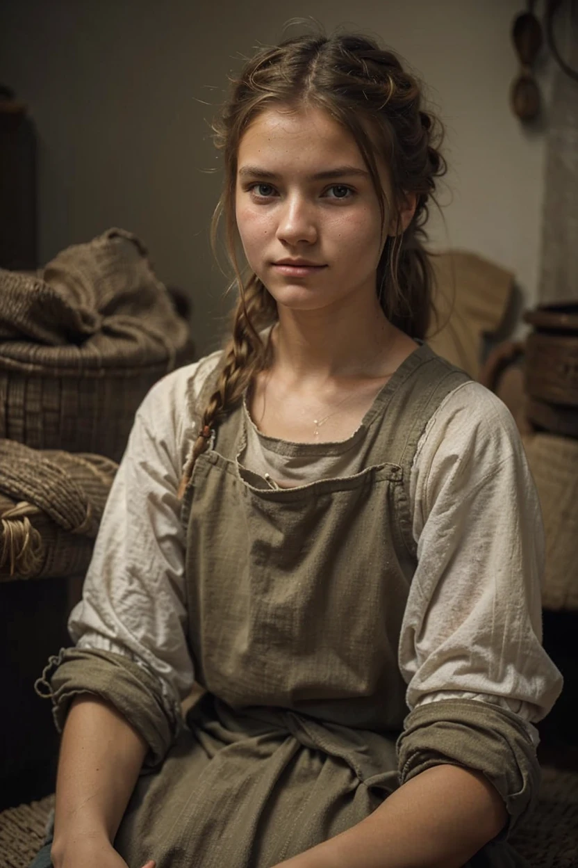  Portrait peasant serf russian very nice girls 20 y.o. dressed in peasant homespun canvas torn shirts , barefoot , sweaty hair , tanned, beautiful but unhappy, tired of corvee