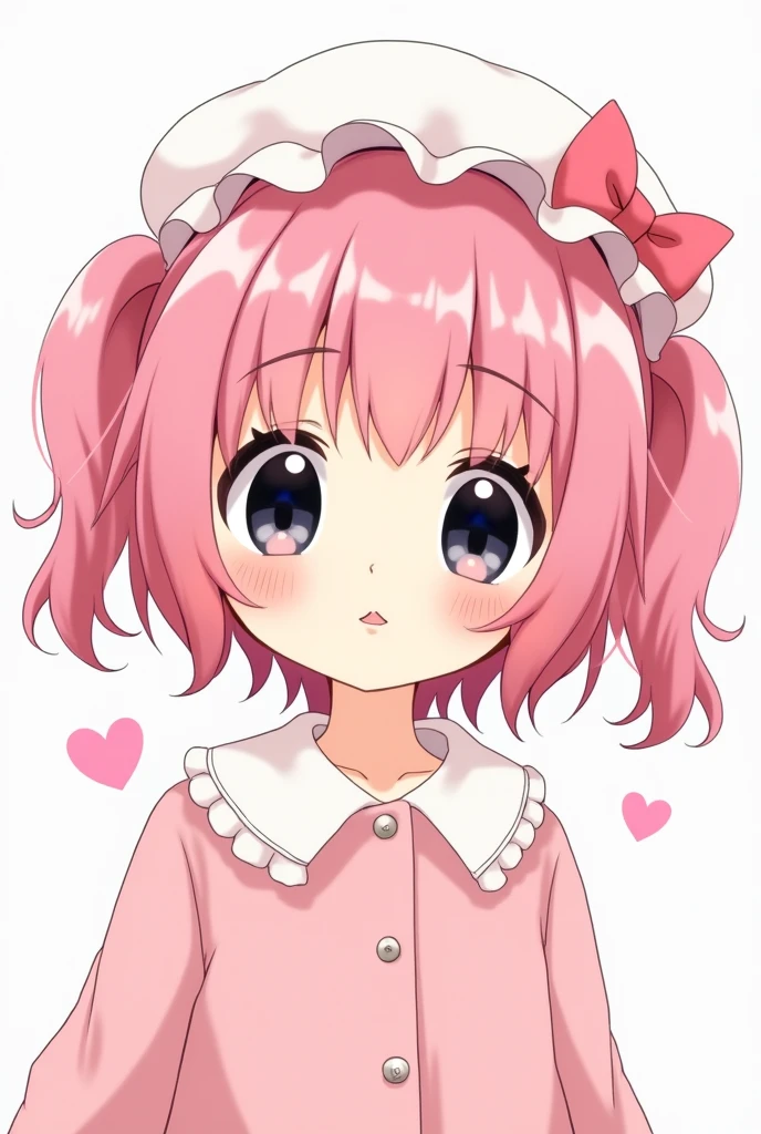 cute kid with pink short hair twins tail and black eyes color. She wearing all pink and White hat with cute pink ribbon. Manhwa artstyle 