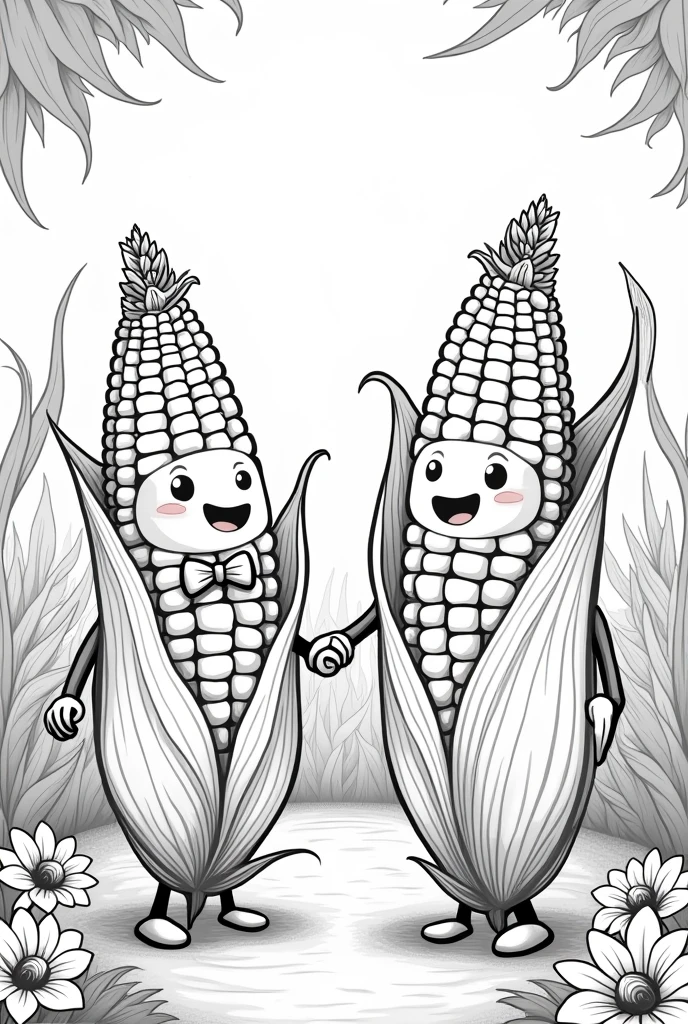Coloring page of corn holding hands getting married