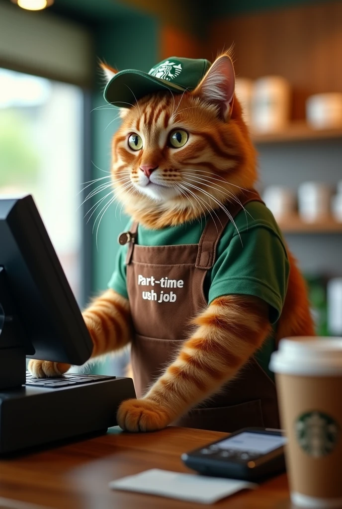 Cat working the cash register、The background is Starbucks、4K quality、Ultra-realistic photos、Beautiful fur、Wearing a part-time job apron、Wearing a part-time job cap, coffee 