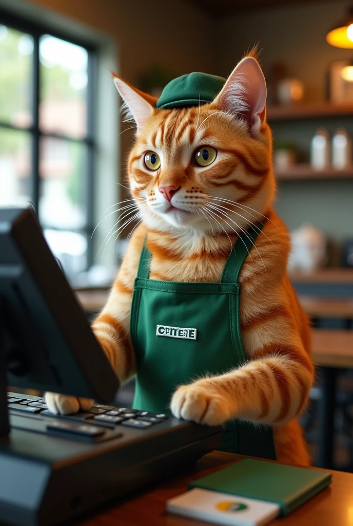 Cat working the cash register、The background is Starbucks、4K quality、Ultra-realistic photos、Beautiful fur、Wearing a part-time job apron、Wearing a part-time job cap, coffee