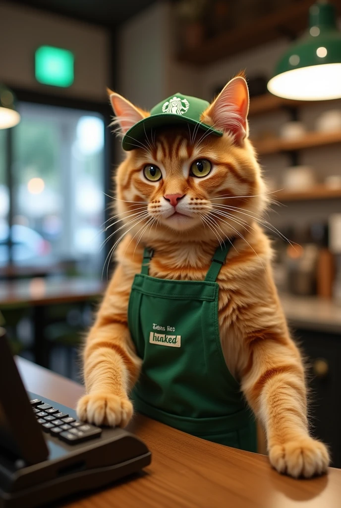 Cat working the cash register、The background is Starbucks、4K quality、Ultra-realistic photos、Beautiful fur、Wearing a part-time job apron、Wearing a part-time job cap, coffee
