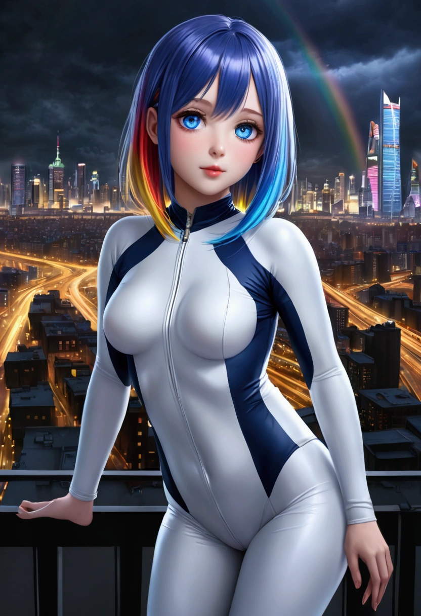 1 girl in, Yui, (NSFW), Cute 1 redhead girl with two tails, ((Perfect female body)) multiple (rainbow hair: 1.2), (Beautiful, Dark blue eyes: 1.6), (Photorealistic eyes: 1.6), glad, Ukrainian, (Small body), ((small hips)), white pale skin, (perfect tits), (cammel toe), Glossy oily pantyhose, One Piece Jersey, futuristic city backdrop, Gloomy multicolored lighting, Very dark sky, photos realistic, Dynamic lighting.