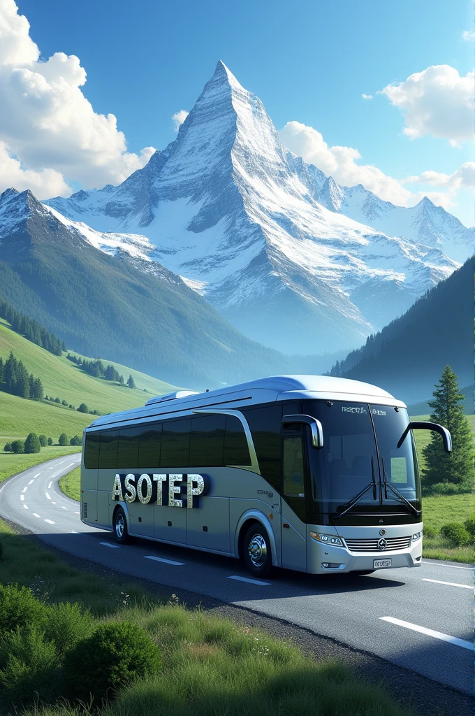 A bus on a road towards a mountain and on the side of the bus the name ASOTEP in silver 3D letters