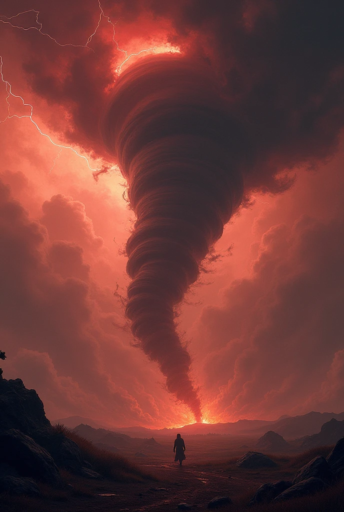 Strong wind whirlwind accompanied by tornado and lightning in the dark reddish and gloomy sky. Image qui bouge
