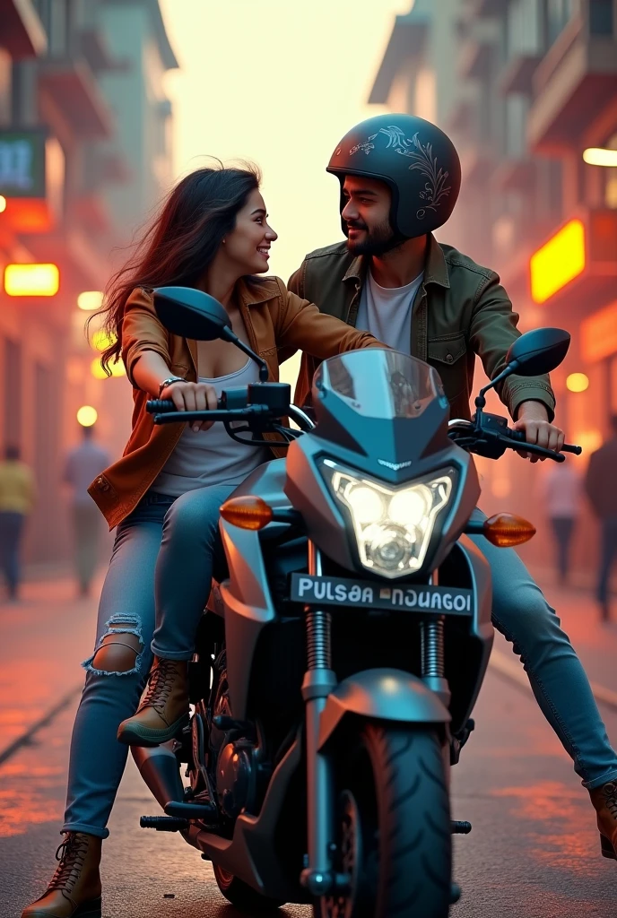 Pulsar 160 bike with 20 year girl and 20 year boy wearing helmet