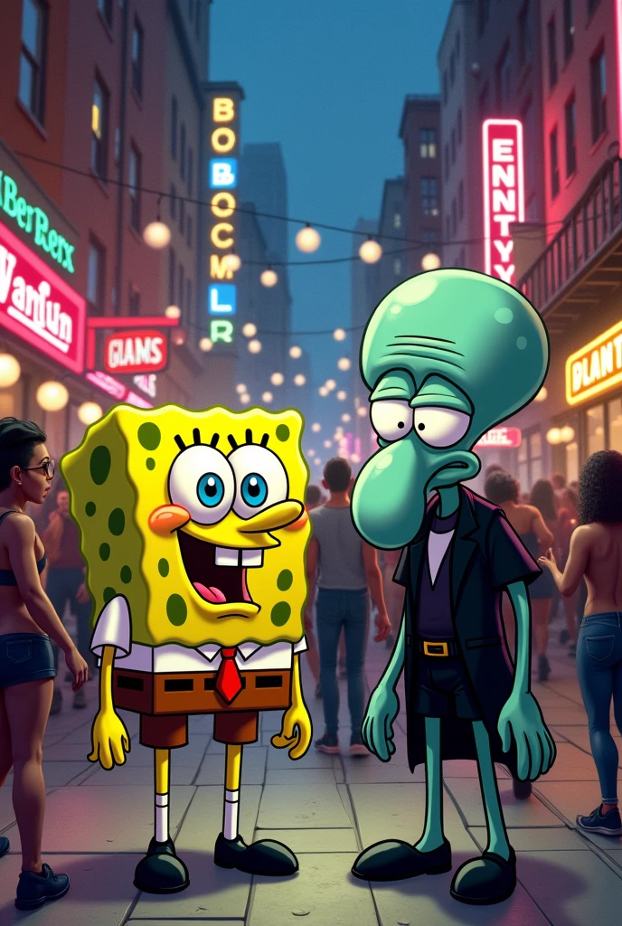 Create a Spongebob with Squidward dressed in black going to a party in the Bronx, New York