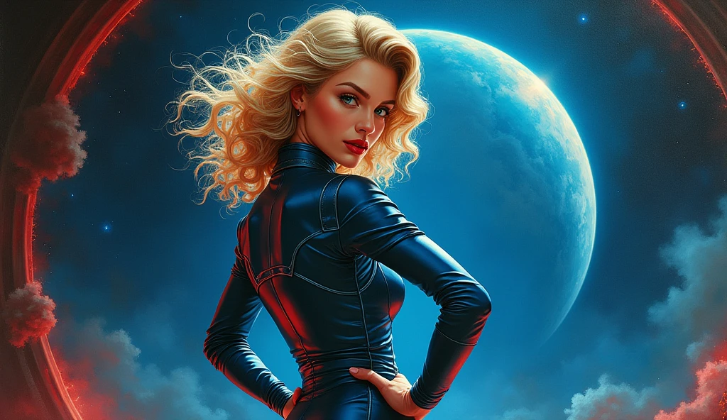 High-quality realistic acrylic art, VIVID COLORS, back point a view, a beautiful vintage european woman with blonde curly hair, looking at the viewer with suspicious face and a shy smile, red lips, she wears blue metalic atomic age style space suit, hands in the waist, dramatic blue red lights, in deep space with a partial planet in orbit