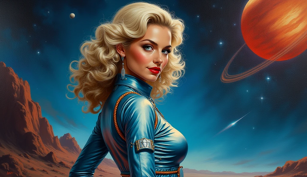 beautiful busty tall long blonde 1940's pinup girl, detailed face, beautiful eyes, beautiful lips, detailed intricate dress, rocket launching in star-filled background, dramatic lighting, cinematic composition, photorealistic, (best quality,4k,8k,highres,masterpiece:1.2),ultra-detailed,(realistic,photorealistic,photo-realistic:1.37),dynamic pose, cinematic atmosphere, dramatic lighting and colors, highly detailed, volumetric lighting, intricate textures, seamless blending, stunning realism