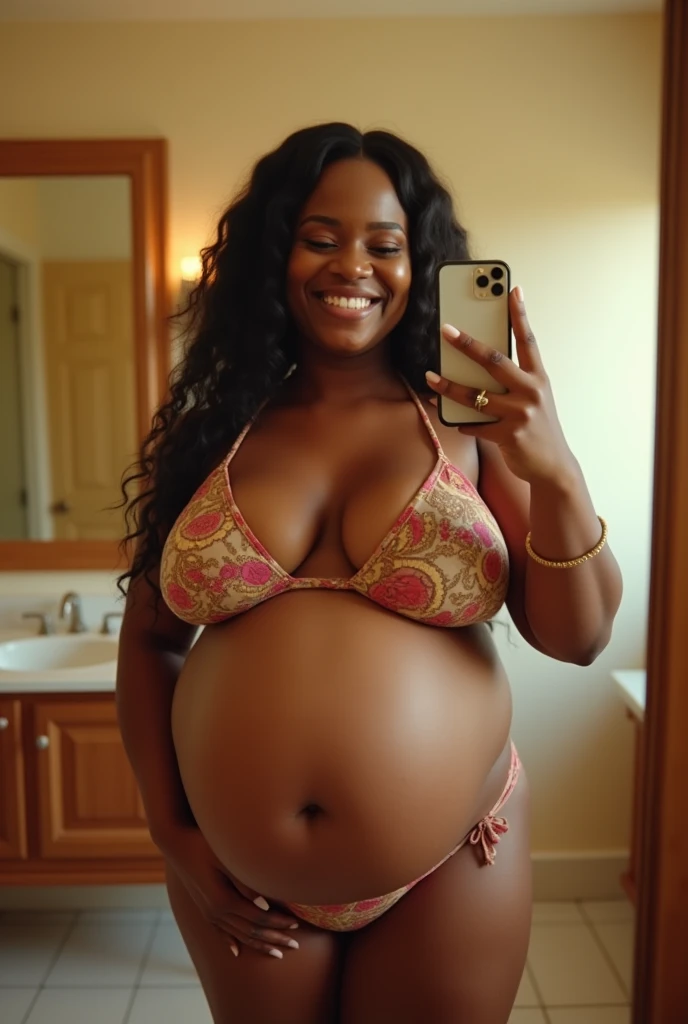 Pov view with fisheye camera view when pregnant mother Cardi B is fat and taking a selfie wearing a bikini and holding an iPhone in front of the bathroom mirror with a big belly. HD, cinematic, 8k, extra detail, high shapering, masterpiece, fujifilm