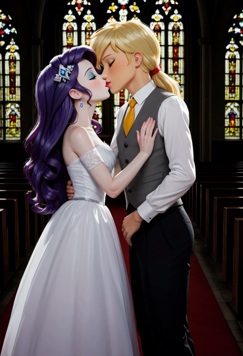 Applejack and Rarity from the movie "Mlp equestria girls", The two of them dressed as brides kissing in a church.