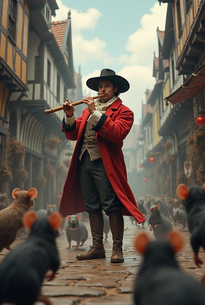 Ratons approach a man playing a flute in Hammein in the year 1800