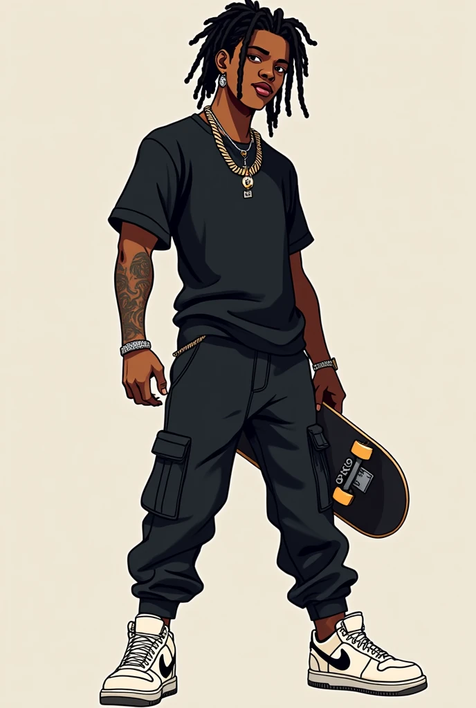 a black man with medium dreadlock hair shaved on the sides, diamond earrings in the ears, with black shirt, black cargo pants, white nike tennis shoes, fully body, brown eye color. anime styling. very dark espresso skin color. wide nose, big lips, holding a skateboard