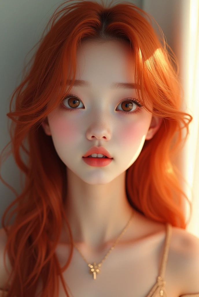 create a korean ulzzang with long red hair, big round brown eyes, fair skin, rosy cheeks and a small tooth gap