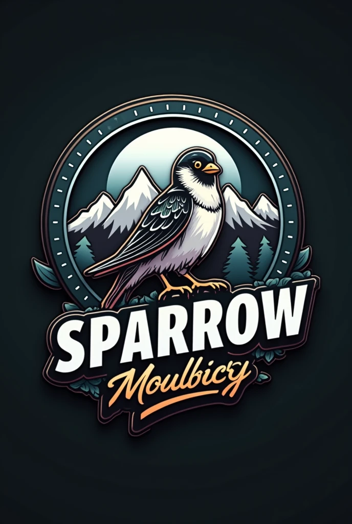 a circular logo, white border, dark background, SPARROW RUTAS in motorutes style, mountains, roblox, logo with white border, detailed logo, intricate design, highly detailed logo, photorealistic, 8k, hyperdetailed, cinematic lighting, dramatic shadows, glossy finish, metallic elements, 3d render, masterpiece, Honda NC750X