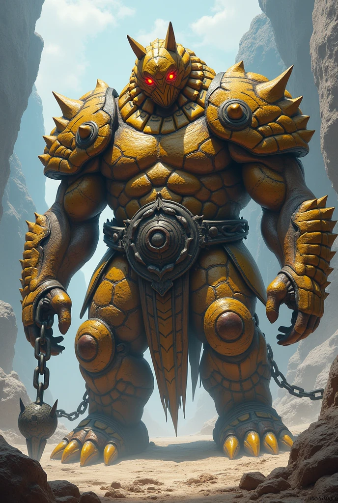 Guldar is a colossal being, a mythological creature with a body covered in shiny rocks and natural armor. His head was shaped like a giant arrowhead, and his red eyes shone with an intense light, as if they were living forges. His shell was mixed with boulders, earth and yellow rocks. He carried with him a large steel chain with a ball of spikes on the end.