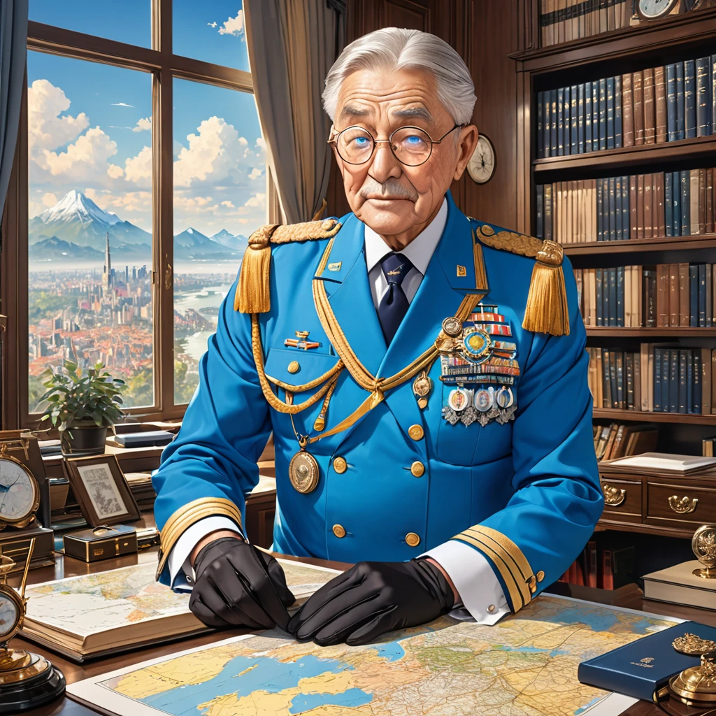 a military man Elderly, sky blue uniform, brown hair, blue eyes, circular glasses, black gloves, medals, epaulets, luxurious office, window, bookshelf, map