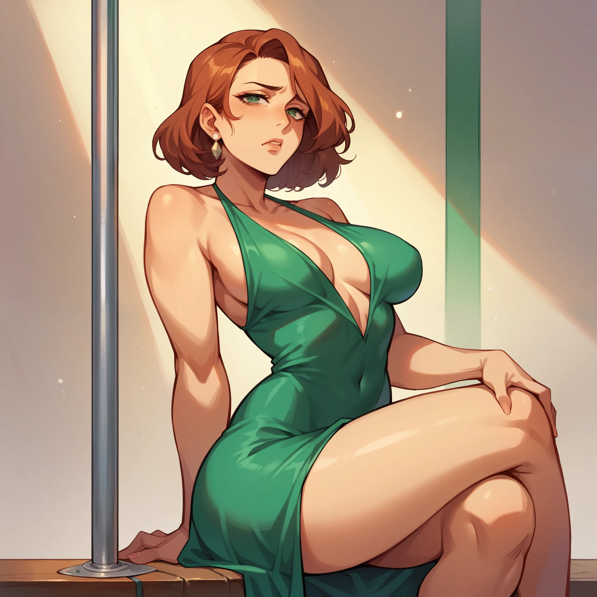 you are sitting in a private room of a strip club where you see a MILF in her late 30s is on the stripper pole. she has a green sexy dress on and she looks sad and depressed. she has short auburn hair.