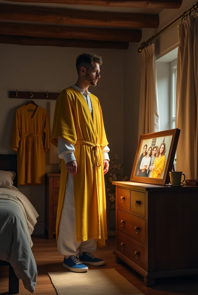 In a rustic monastic room, Professor Petterson, dressed in his monastic attire, is reflecting on a photo of his students displayed on the nightstand. 

**Description of Professor Petterson:**
- **Attire:** He is wearing his traditional monastic robe in the same yellow color as his usual polo shirt. The robe is simple and flowing, with long sleeves and a brown belt at the waist, echoing the style of his everyday clothes.
- **Appearance:** He is white European and young. His short, curly hair and neatly trimmed black goatee are visible. Petterson’s expression is thoughtful and serene as he gazes at the photo.

**Room Details:**
- **Setting:** The room has a rustic, monastic feel with wooden beams and simple furnishings.
- **Clothing:** His traditional yellow polo shirt, white pants, brown belt, and blue sneakers are neatly hung on a nearby hook.
- **Nightstand:** The nightstand holds the photo of his students, which Petterson looks at with a sense of nostalgia and pride.

The room’s simplicity and the warm glow of the dim light create a peaceful atmosphere, emphasizing Petterson's connection to his students and his monastic life.