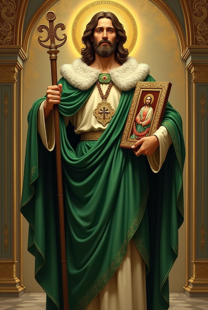 A traditional image of Saint Jude Thaddeus, dressed in a green tunic and white cape, holding a scepter in one hand and an image of Jesus Christ in the other. Religious style background, with a golden halo over his head."