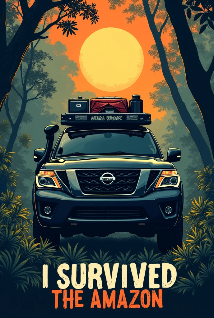 Drawing of the silhouette of a Nissan patrol van seen from the front with camping equipment, In the background a jungle-like forest and an orange sunset, In the drawing it should say with striking letters in accordance "I survived the Amazon"