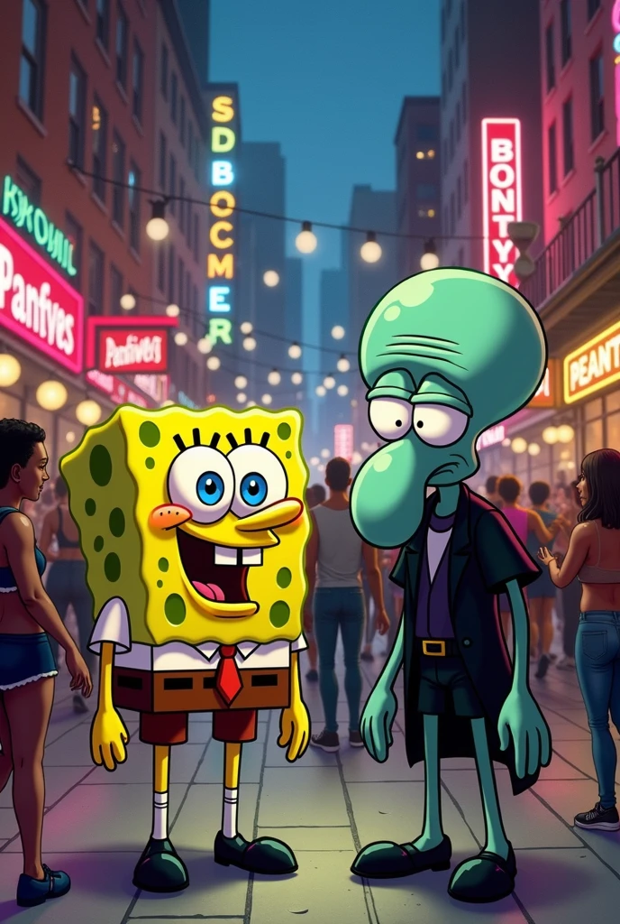 Create a Spongebob with Squidward dressed in black going to a party in the Bronx, New York
