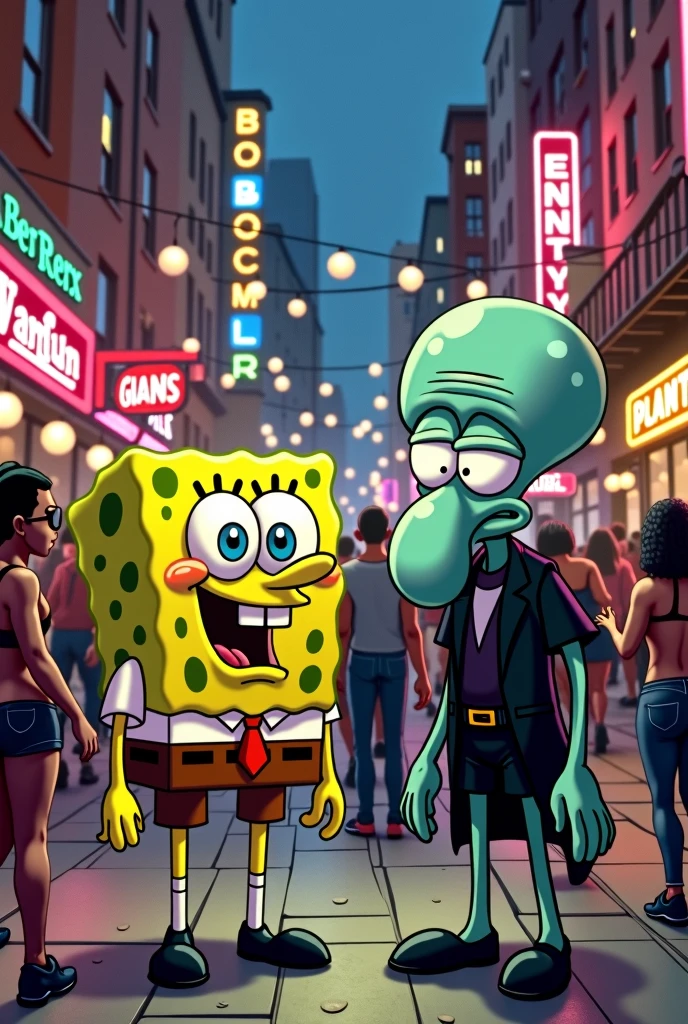 Create a Spongebob with Squidward dressed in black going to a party in the Bronx, New York