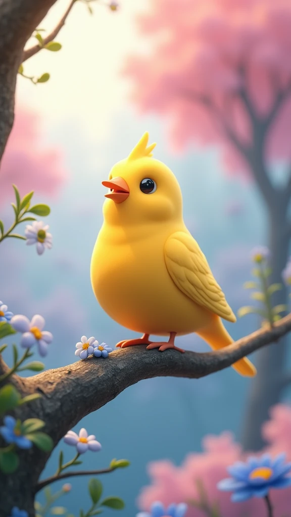 A cute yellow canary, in the distance, with a round, puffy body and short wings, perched on a tree branch with blue flowers with a colorful, out-of-focus forest in the background in pastel pink, blue, and purple colors in a 3D style. 