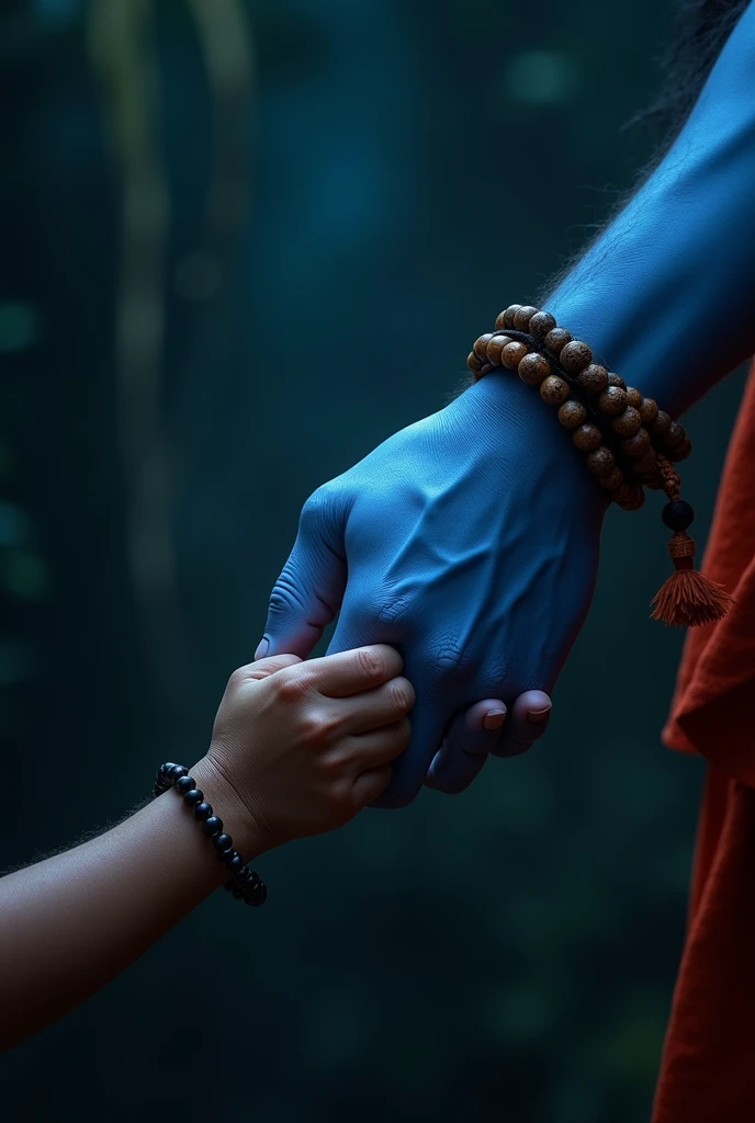 Photo of one hand of Shiva's blue hand having rudraksha maala around it holding a hand of a  indian boy. Image signifying shiva helping the boy. Hands to be holding just the way a father holds his childs hand while walking. Photo to have a dark blur background. Shiva's hand to be blue and photo to be of the back of shiva's fist
