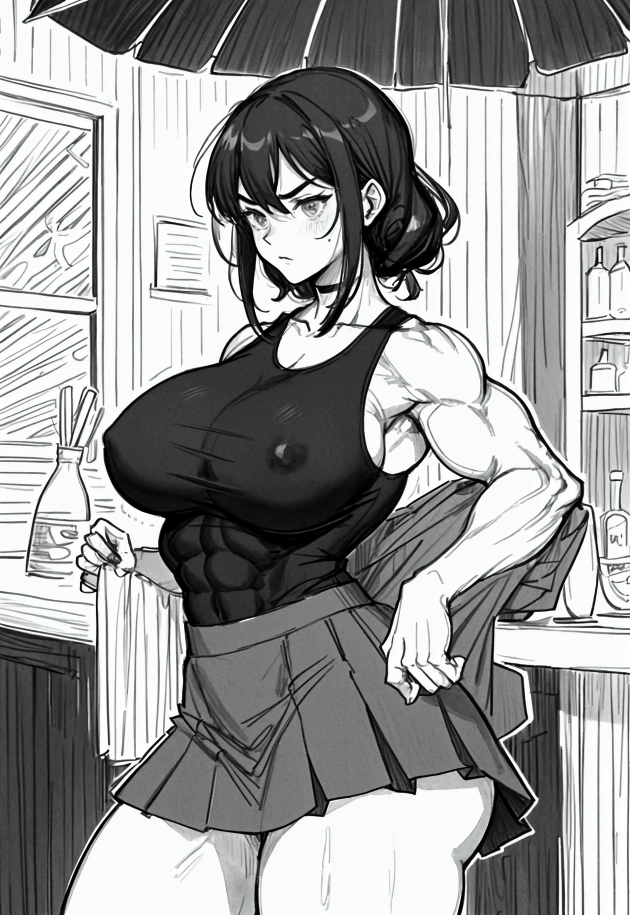 Create a detailed dynamic manga style illustration of a very muscular woman in a bar. She has curly brown hair and large black eyes. She wears a tight sleeveless t-shirt, and a short skirt. Her expression is serious and focused as she intently looking at her huge rounded biceps. The biceps has a huge vein and they are massive and looked hard. Her forearms are also very muscular with a lot of visible veins. Her body is massive and very muscular with muscles everywhere. Her thigh and calves are huge with visible huge muscles. She’s taking pleasure by admiring her enormous body, her effort and dedication. The scene captures the determination on her face, the huge and defined muscle, and her sexy curves. Her clothes started to ripped with the amount of muscles she has.