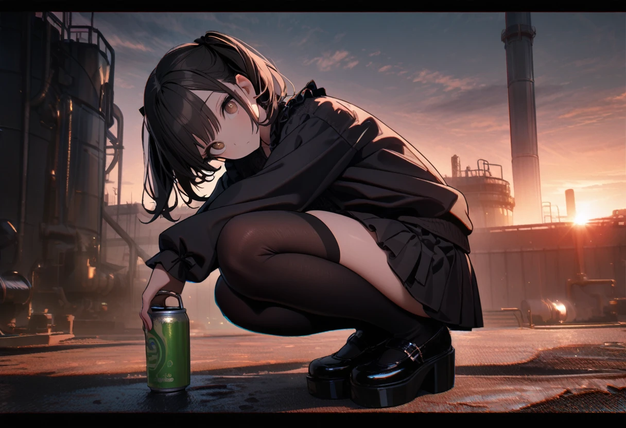 (8K, best quality, master piece: 1.2),ultra-high resolution,1 girl,solo,ultra-detailed face,detailed eyes,brown eyes,head tilt,eyelash extension,Circular eye area eye shadow,black hair,twintails,Long sleeve pink frilled blouse(pinl:1.5),black ribbon tie,Mini skirt with black lace-up ribbons on both sides,Black knee-high socks, platform Mary Janes,expressionless,Squatting on industrial waste,Holding a can of alcohol with a straw in one hand,one free hand between legs,,Waste treatment plant,Sunrise,(chromatic aberration:1.3),(overlooking:1.3)