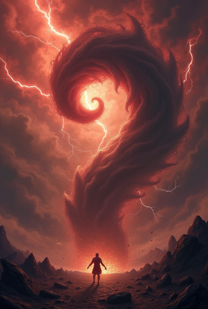 Strong wind whirlwind accompanied by tornado and lightning in the dark reddish and gloomy sky. Dynamic image