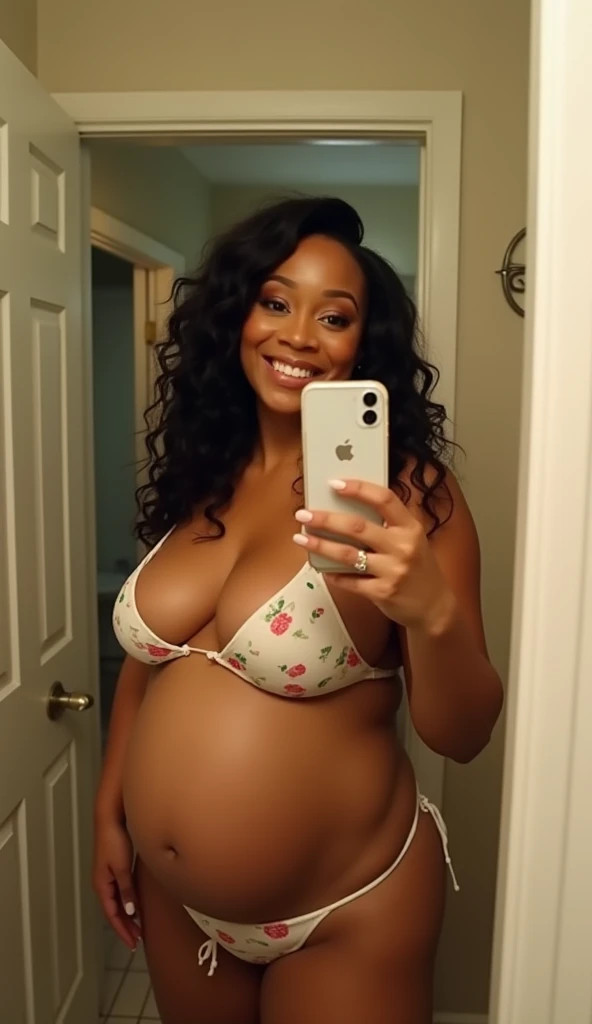 Pov view with fisheye camera view when pregnant mother Cardi B is fat and taking a selfie wearing a bikini and holding an iPhone in front of the bathroom mirror with a big belly. HD, cinematic, 8k, extra detail, high shapering, masterpiece, fujifilm