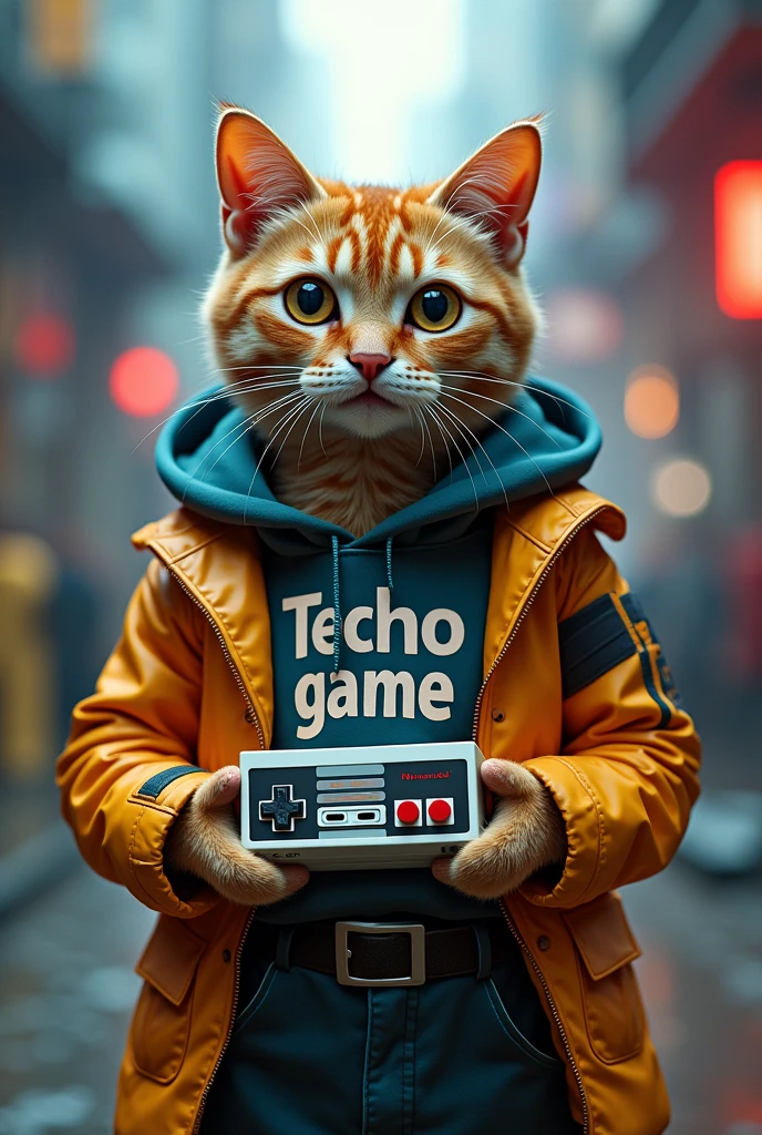 Cat wearing clothes with technogame written on them holding Nintendo in his hand