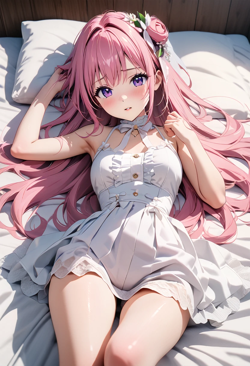 (Highest quality, 4K, 8k, High resolution, masterpiece:1.2), Very detailed, Picturesque, Anime style photo, Photo Anime:1.37)、a beautiful girl、(pink hair)、(long  hair)、white lily Hair Ornaments、On the bed、white under wear、Doroty