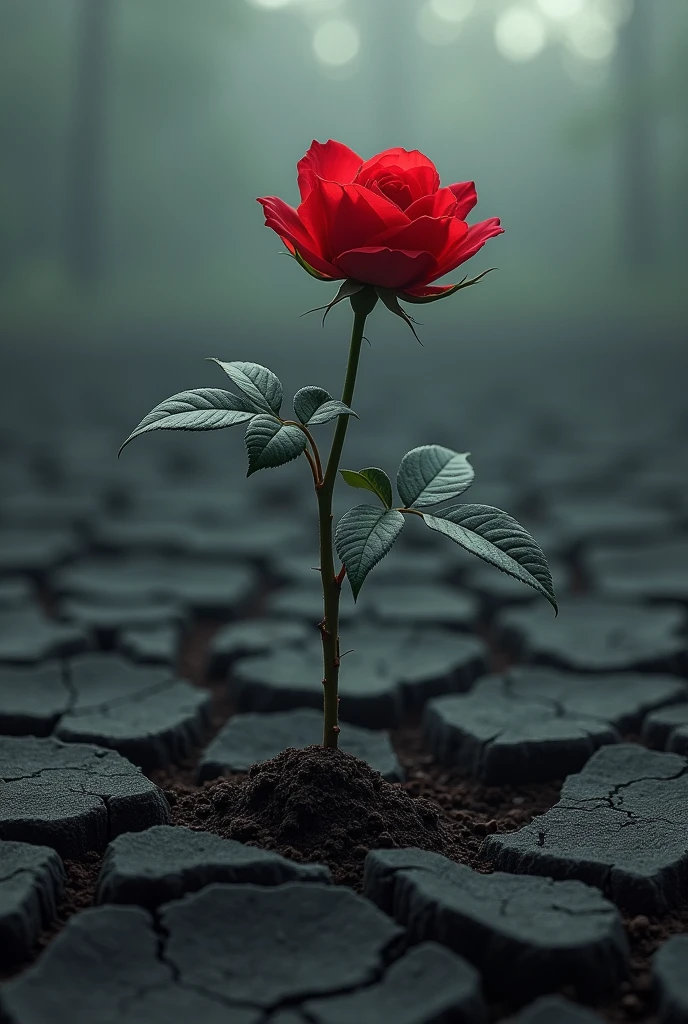 A little red rose standing in a drought land, black theme everywhere, soil losses It's moisture,