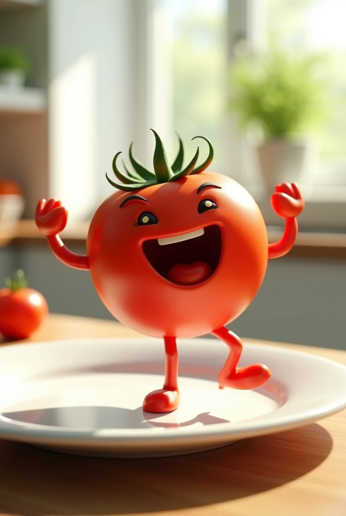 A realistic tomato with a joyful expression, dancing energetically on a white ceramic plate, captured in mid-motion. The scene is well-lit with natural light, and the background is a simple kitchen counter.