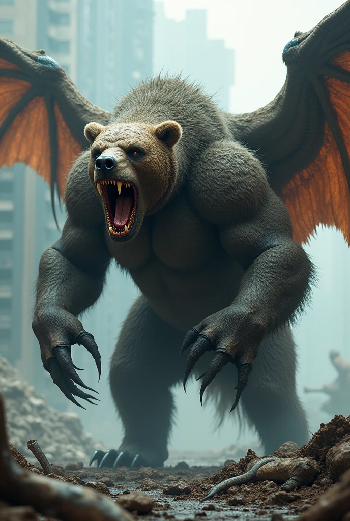 Bear has a wings like an eagle very strong with massive body and has tail like a snake and legs like a lion looking very dangerous mouth filled with blood looking like a natural clearly detailed full in future land wit all destroy city hd 8k quality having scars in face and body 